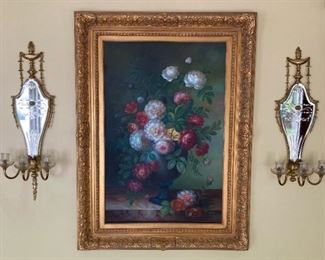 Still life bouquet with gilt frame 34" x 46" and antique brass torch and mirror wall candelabras 
