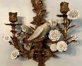 Cast brass and ceramic bird with flowers