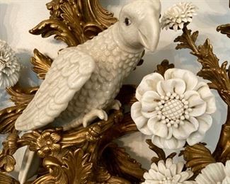 Cast brass and ceramic bird with flowers