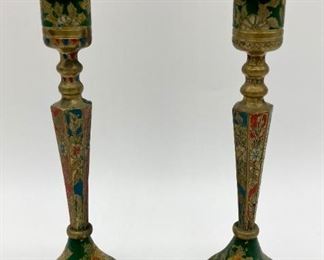 Vintage painted brass candlesticks with candles