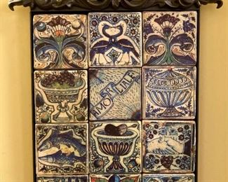 Signed and numbered blue and white tile mosaic