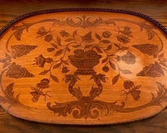 Vintage brass rim wood inlay tray