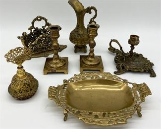 Vintage brass pieces including bonbon tray, Italian pitcher, figural letter holder, Art Deco candleholder, candleholders (set of 2), perfume bottle
