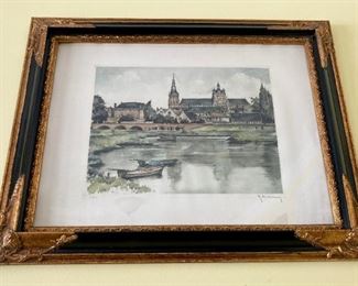 Signed and numbered watercolor castle