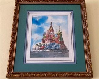 Signed Russian Orthodox church watercolor