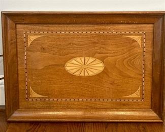 Vintage wood inlay brass handled tray