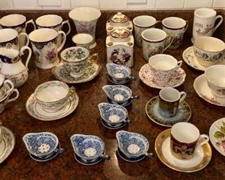 Several coffee, tea and demitasse sets, including Historic Royal Palaces "Fleur de Lis", Grace's Teaware 