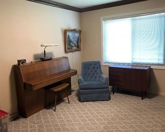Rippen upright piano, blue velvet chair.
Cabinet is SOLD
