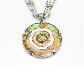 Enameled flower shell & topaz necklace