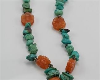 Raw turquoise & carved amber necklace