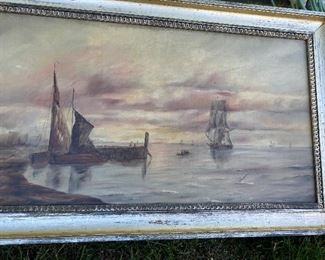 ANTIQUE OIL ON CANVAS SHIPS IN HARBOR 