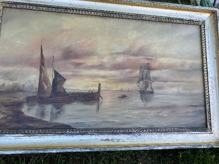 ANTIQUE OIL ON CANVAS SHIPS IN HARBOR 