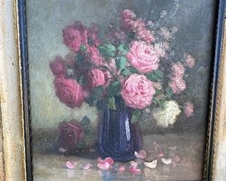 FABULOUS VICTORIAN OIL PAINTING OF OLD FASHIONED ROSES IN SILVER GILT FRAME 