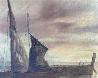 GORGEOUS ANTIQUE OIL PAINTING OF SHIPS IN HARPER