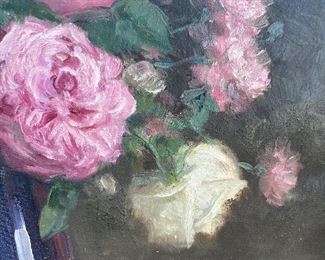 CLOSE UP OF ROSES IN SILVER GILT FRAME 