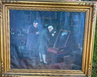 LARGE ANTIQUE VICTORIAN OIL ON CANVAS OF SCHOLARS LOOKING AT THE DETAIL OF OIL PAINTING 