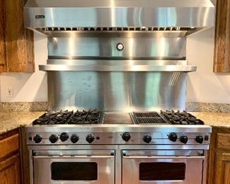 60" Viking Dual Fuel Range with Two Ovens, Hood & Stainless Steel Backsplash/Shelf.