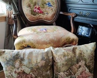 Vintage chair, french provincial pillows 