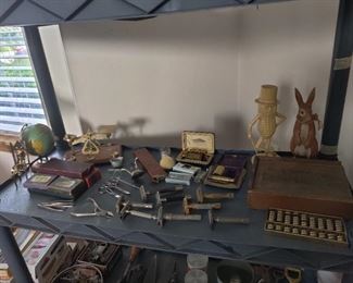 vintage shavers, clippers, honing stones, abacus, scale