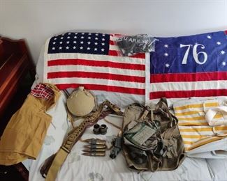 vintage flags, WWII army gear, and ration stamp booklets