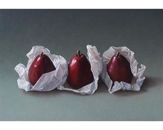 Christopher Young, "Three Pears", 2014, oil on board, sight: 19.5 x 32", frame: 28.5 x 40.5"