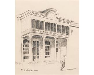 Porfirio Salinas (1910-1973), Fredericksburg storefront, graphite on paper, sight: 9 x 8", frame: 20 x 16”