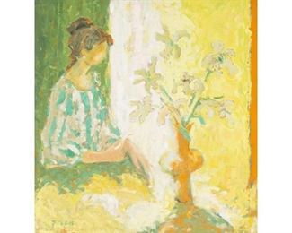 Donald Stanley Vogel (1917-2004), "Irene with Striped Blouse", oil on canvas, sight: 32 x 34", frame: 39 x 36.75”