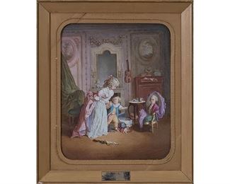 Tuesday Musical Club Commemorative Plaque, with hand-painted image after Nicolas de Launay's "C'est Papa!" ("It's Papa!"), with dedication to Anna Hertzberg, club founder, dated May 25th, 1920, sight: 13 x 10", frame: 17.5 x 15