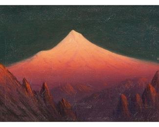 J. E. Stuart, "Sunset Glow: Mt. Hood, Oregon", 1916, oil on canvas, sight: 12 x 18”