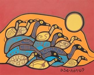 Norval Morrisseau (1932-2007), Eleven birds, lithograph print, image: 21 x 27", frame: 29 x 35”