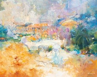 Patrick Robart (b. 1945), "Marche aux Herbes", ("Herb Market"), 1983, acrylic on canvas, sight: 72 x 91", frame: 73.5 x 92.5”