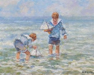 Robert Hamman (b. 1938), "Beach Boys", oil on canvas, sight: 8 x 10", frame: 12 x 14"