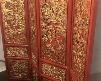 Intricately carved 4-panel Asian screen