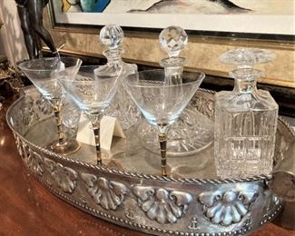 Oval metal ware serving tray; stemware & decanters