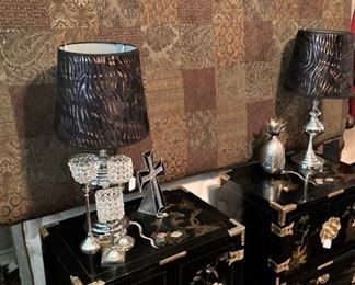 King headboard; 2 lamps and 2 Asian style side tables