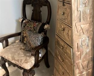 Chippendale chair; pyramid-shaped chest