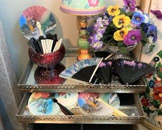 Tiered shelves; Asian fans