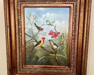 Oil on canvas bird painting,  gold frame.