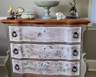 French country, hand painted chest, small lamp and accessories.