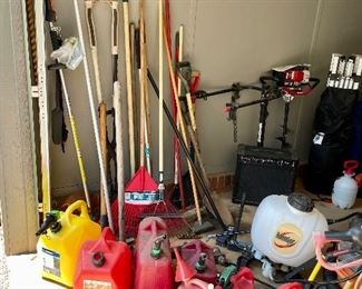 Yard tools, gas containers, Round Up sprayer, vintage Celestion Crate G-60 by SLM amplifier, bike rack...