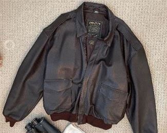 Sportys pilot shop authentic flight apparel high quality leather size 2X regular jacket, Army Air Force white silk scarf and World War II 1943 navy Bausch & Lomb binoculars  (March 28)