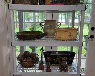 Full Shelf! Pottery, Paul Revere nutcracker cast-iron, decorative tins, lantern, elephant book ends, rabbits, cast iron monkey bank...