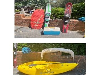 Watson 'Liquid Force' Wakeboard, cooler, 'Obrien' ski, 'Rival' super bottom Horizon Series ski, 'Emotion' Kayaks boat