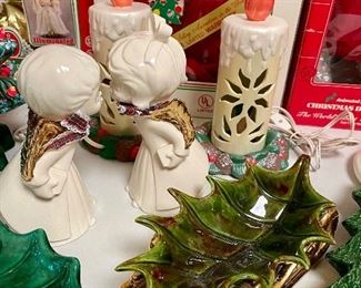 vintage ceramic kissing angels, ceramic leaf sled