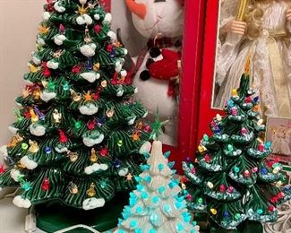 Vintage ceramic Christmas trees, animated snowman and angel