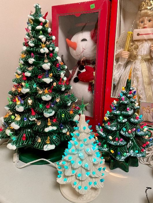 Vintage ceramic Christmas trees, animated snowman and angel