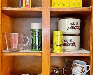 pyrex measuring cup, Aladdin thermos, soup mugs, vintage canisters, condiment caddy