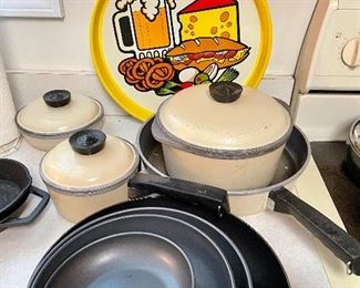 Club Aluminum pots, skillets, vintage bar tray