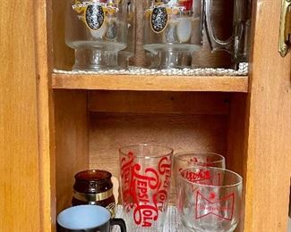 Coors mugs, Budweiser goblets, Pepsi glass, Fireking mug