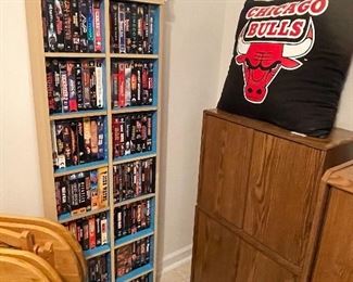 lots of VHS tapes, TV tray set